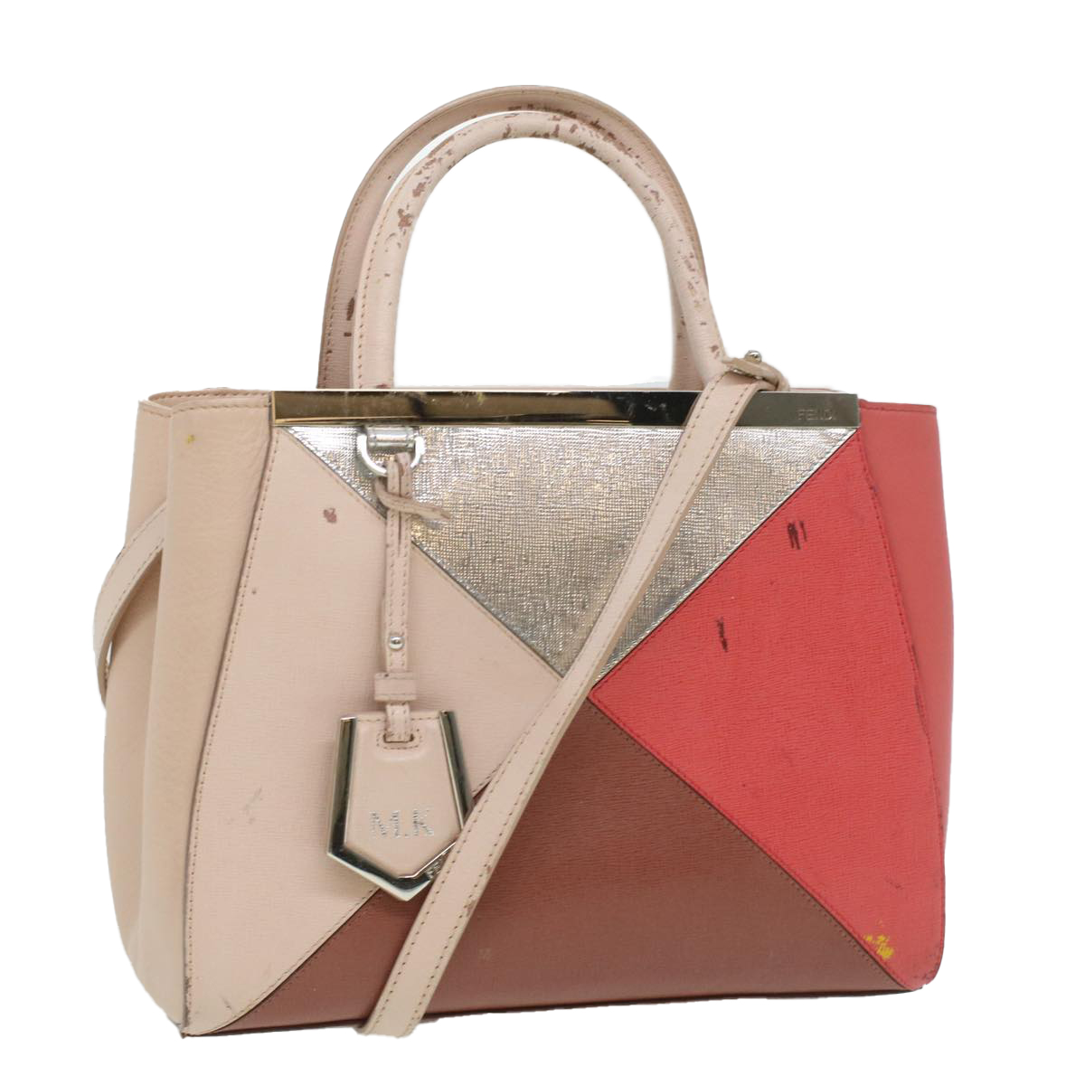 Fendi Hand Bag Leather Pink Silver Beige Auth Cl260